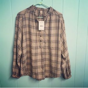 Free People Plaid Button-Up Top - Brown and Tan (XS)
